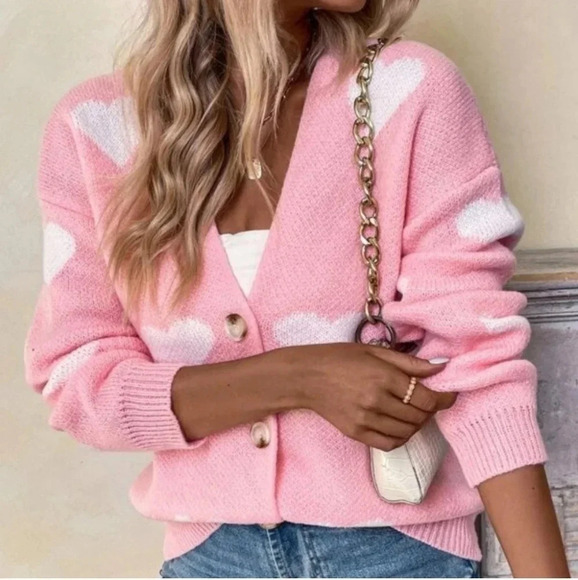 Heart Pattern Knit sweater Cardigan Pink - Picture 1 of 6